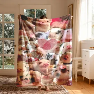 Cute Pig Heart Patchwork Flannel Throw Blanket, Large Size, Soft Lightweight Warm, Perfect for Bed Sofa Office Camping Travel, Best Spring Blanket Gift