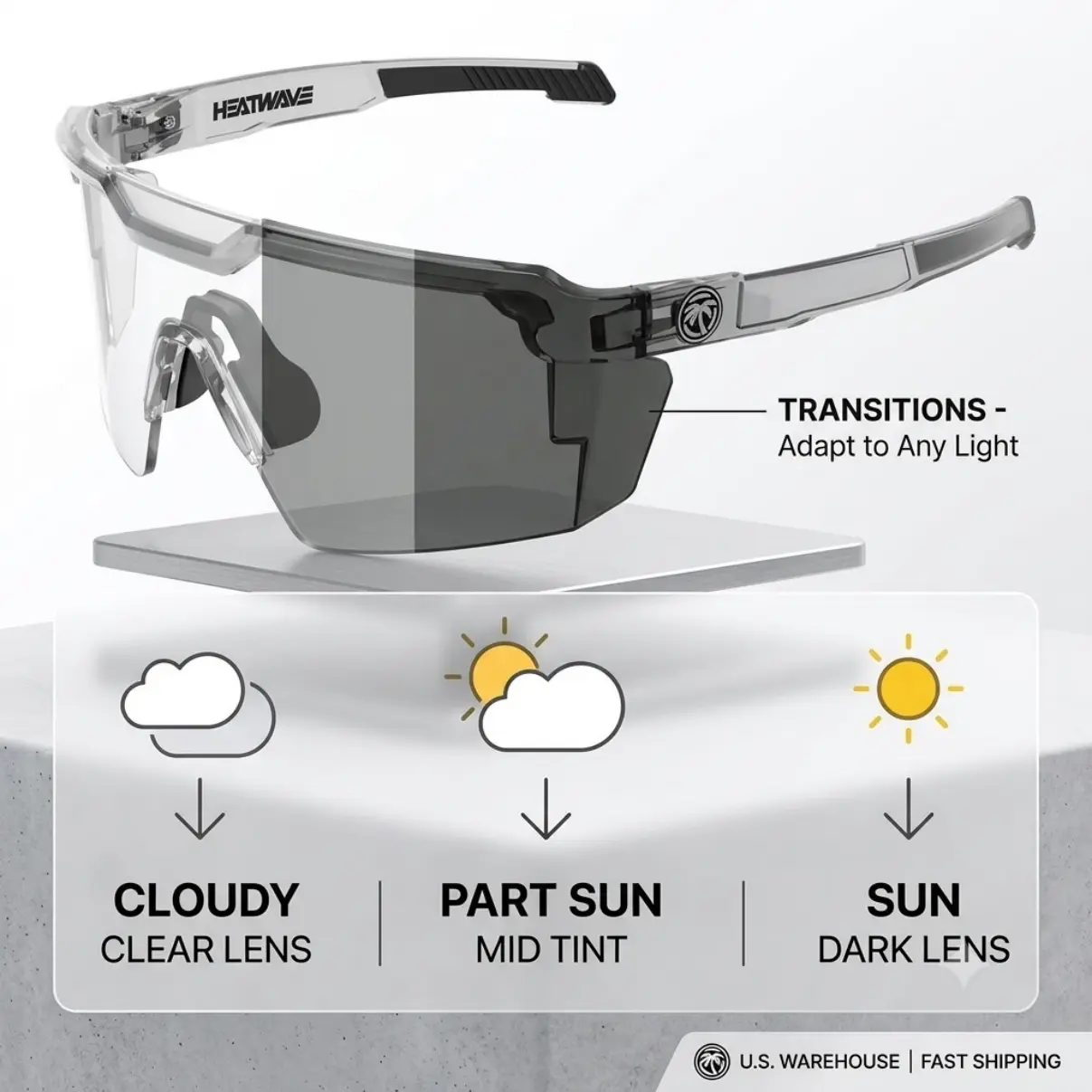 HEATWAVE Z87+ Photochromic Sports Sunglasses, Transition Lenses Clear to Dark Cycling Glasses with US Warehouse Fast Shipping