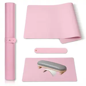 Nail Art Table Mat, 23.62 × 11.81 Inch Waterproof PU Leather Manicure Pad Portable Pink Desk Protector Foldable Non-Slip Desk Soft Arm Rest Pad for Table, Manicure Tools at Home or Salon (Mat Only)