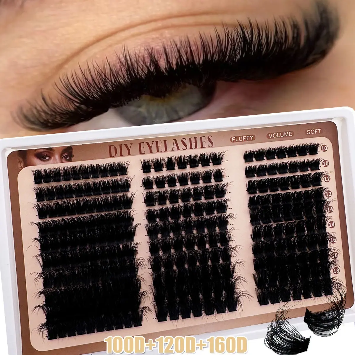 300pcs/240pcs/170pcs Russian Lash Extensions Kit 60D+80D+100D/100D+120D+160D Individual 3D Volume D-Curly Eyelash Clusters 10-18MM DIY Eyelash Extensions, Natural Look, Reusable, Eyelash Extensions Set, False Eyelash Set, DIY False Eyelashes