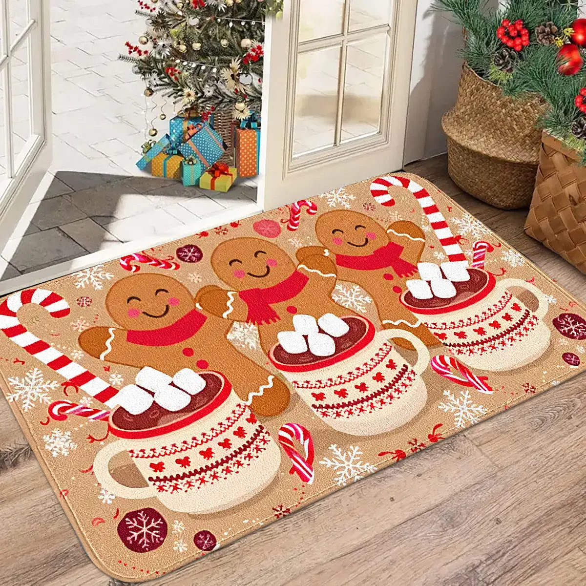 Cute Gingerbread Man Flannel Rug, Soft Comfortable Material, Festive Decor for Living Room or Bedroom, Holiday Atmosphere Enhancer