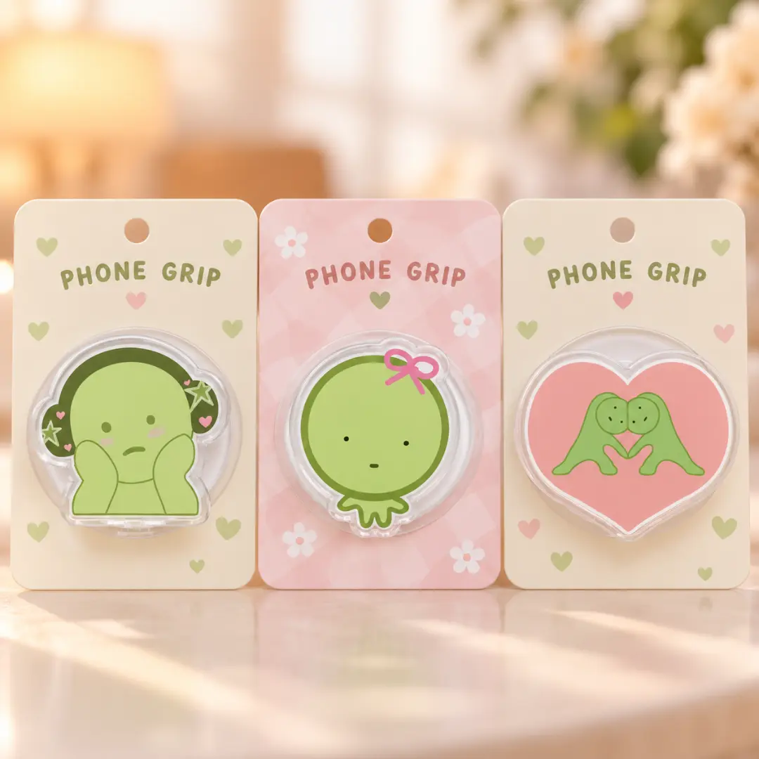 Cute Green Phone Grip Kawaii Blob Character Pink Bow Heart Hands Phone Holder Stand for iPhone Android Aesthetic Birthday Gift for Women Girls Teens