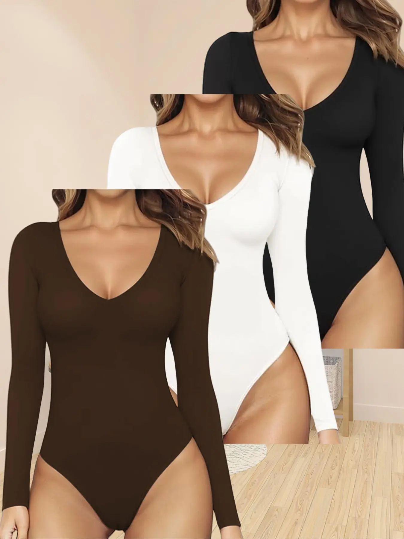 New Fashion Basic Slim Fit Versatile Solid Color Women's Long Sleeve Bodysuit Set, Three-Piece Tight-Fitting Top, Stylish and Comfortable Wear Outfit