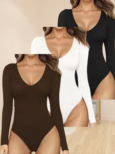 New Fashion Slim Fit Versatile Solid Color Women's Bodysuit Set, Three-Piece Tight-Fitting Top, Stylish and Comfortable Wear
