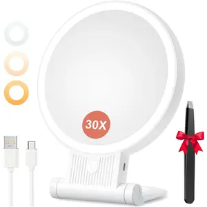 Magnifying Mirror 1X/ 30X - Lighted Double Sided Mirror with Adjustable Folding Handle, Tweezer, Portable Tabletop Mirror for Travel Home
