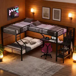 Triple Bunk Bed Twin Over Full Bunk Bed with Desk & Storage, L-Shaped Bunk Bed with Wardrobe, Desk & USB Charging Station, Heavy-Duty Metal Corner 3 Bunk Beds with Storage Steps for Kids, Noise Free,Black