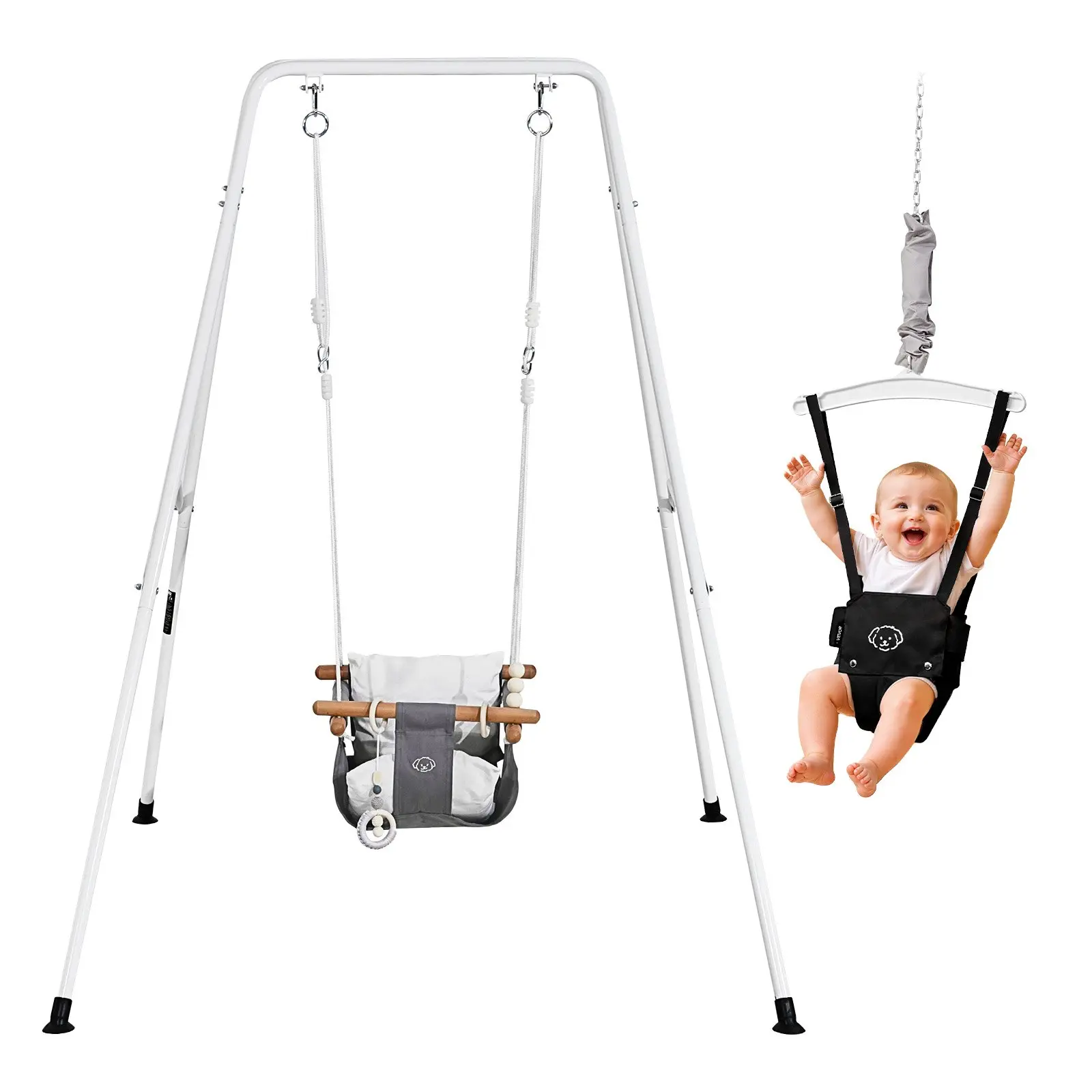 VEVOR 2-in-1 Toddler Swing & Jumper Set, Fathers Day Gift, 304 Stainless Steel Springs, Heavy-Duty Thick Ropes, Soft Cushion, Foldable A-Frame Metal Stand, Easy Install & Store, 200 lbs Capacity, Indoor/Outdoor Use, Black, Carbon Steel