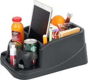 Car seat center console storage bag with 2 adjustable cup holders, 3 large-capacity compartments, and a secure fastening for the safety belt—suitable for mid-row seats in sedans, trucks, and small pickup trucks.