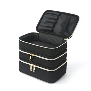 Simple and Versatile Three-Layer Makeup Bag Large Capacity Diamond Grid Toiletry Bag Portable Travel Makeup Storage Handheld Cosmetic Pouch with Zipper