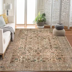GARVEE Large Washable Vintage Floral Boho Area Rug for Living Room, Bedroom, Dining Room, and Kids Room - Non Slip Low Pile Carpet in Beige Caramel, 8x10 Ft