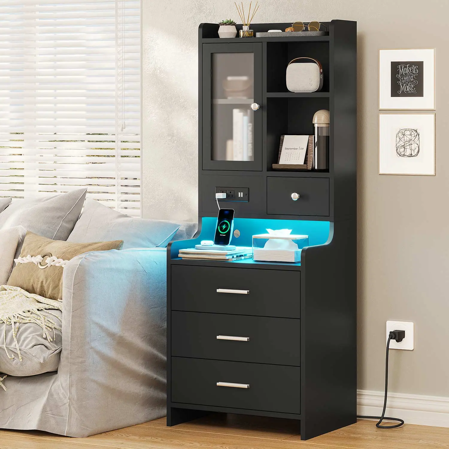 SIKAIC LED Tall Bedroom Nightstand - Modern Bedside Table Cabinet with Bookshelf, Charging Station, Glass Door, 3 Drawers, Room Storage Furniture (Black/Brown End Table), Apartment Furniture