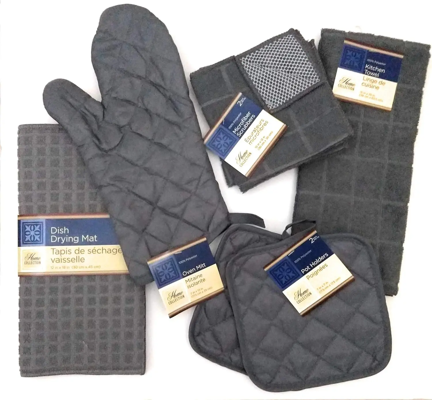 7-Piece Kitchen Towel Set Bundle - Microfiber Towel, 2 Quilted Pot Holders, Oven Mitt, Dish Drying Mat, 2 Microfiber Scrubbing Cloths for Kitchen Tasks (Gray)