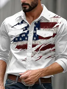 Men’s Retro Vibe Full-Sleeves Collared Casual Button-Down Shirt with American Flag Print, Polyester Fabric, 2 Chest Pockets, Textured Design, All-Seasons Wear, Suitable for Gifting & Travel, Button Detail,summervibes outdoorfun