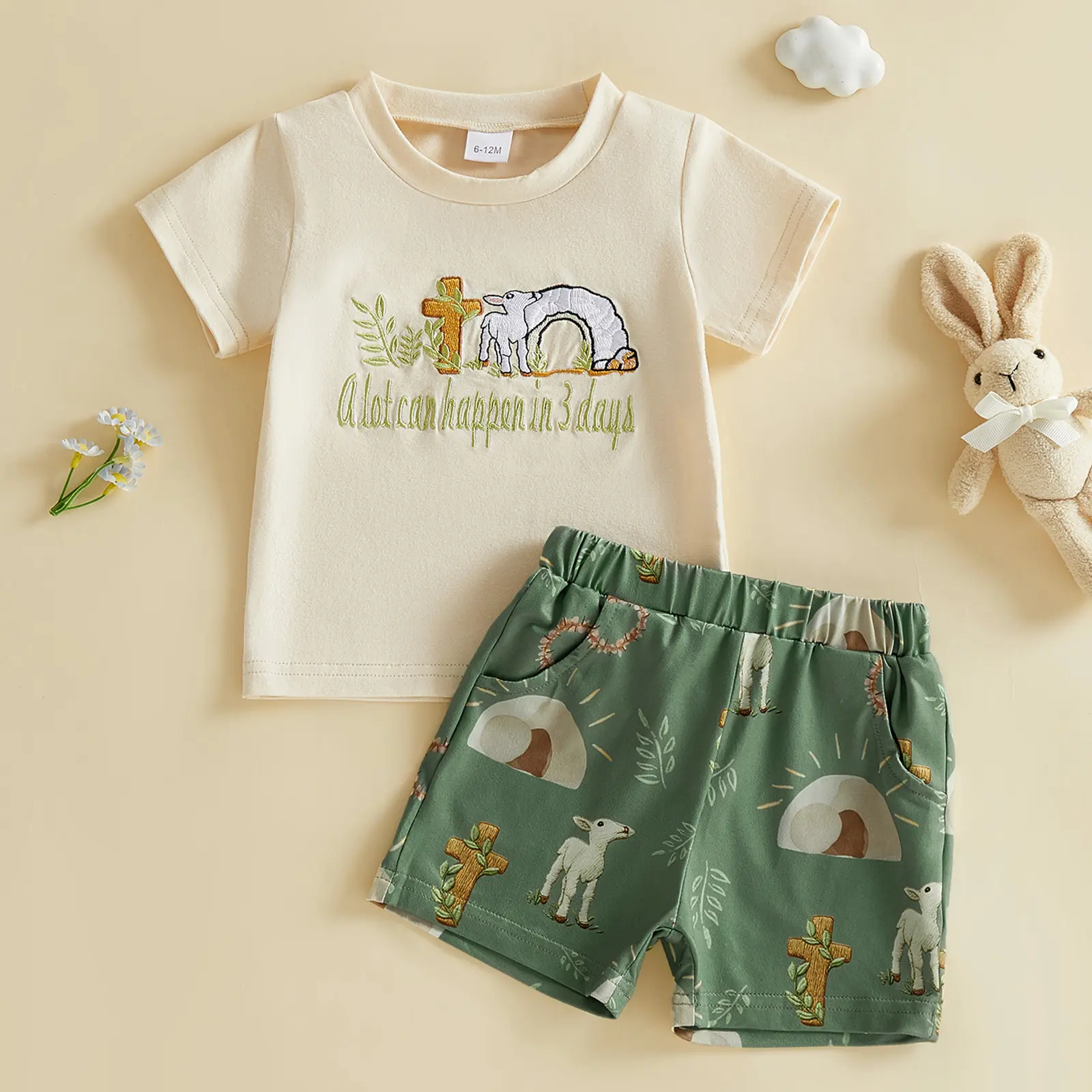 Toddler Baby Boys Easter Shorts Sets Short Sleeve Letter Embroidery Tops and Cross Sheep Cave Print Shorts Summer 3M-3Y