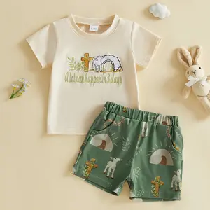 Toddler Baby Boys Easter Shorts Sets Short Sleeve Letter Embroidery Tops and Cross Sheep Cave Print Shorts Summer 3M-3Y