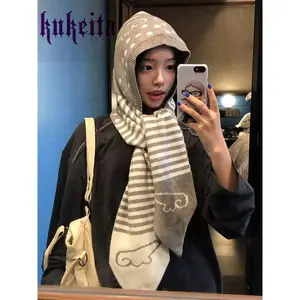 Kukeita Women Knitted Hooded Scarf Korean Chic Streetwear Winter Warm Wings Polka Dots Striped Hat Scarf Outdoor Windproof