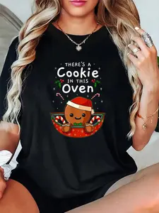 100% Cotton Unisex Gingerbread Man Baby Cookies In This Oven T-Shirt，Autumn Women's T-shirt Christmas Happy Letter Snowflake Fun Pattern