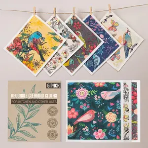 Floral Bird Print Wood Pulp Dishcloth, Thick Oil-Resistant Cleaning Towel, Multi-Purpose Wipe, Traditional Chinese Style, Butterfly Pattern, Cleaning Cloths, Flower, Kitchen