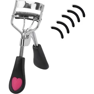 Stainless Steel Eyelash Curler with Built-in Comb Pinch Pain-Free Suitable for Any Eye Shapes and Sizes, with 5 Silicone Refill Pads (Black&Peach Heart)