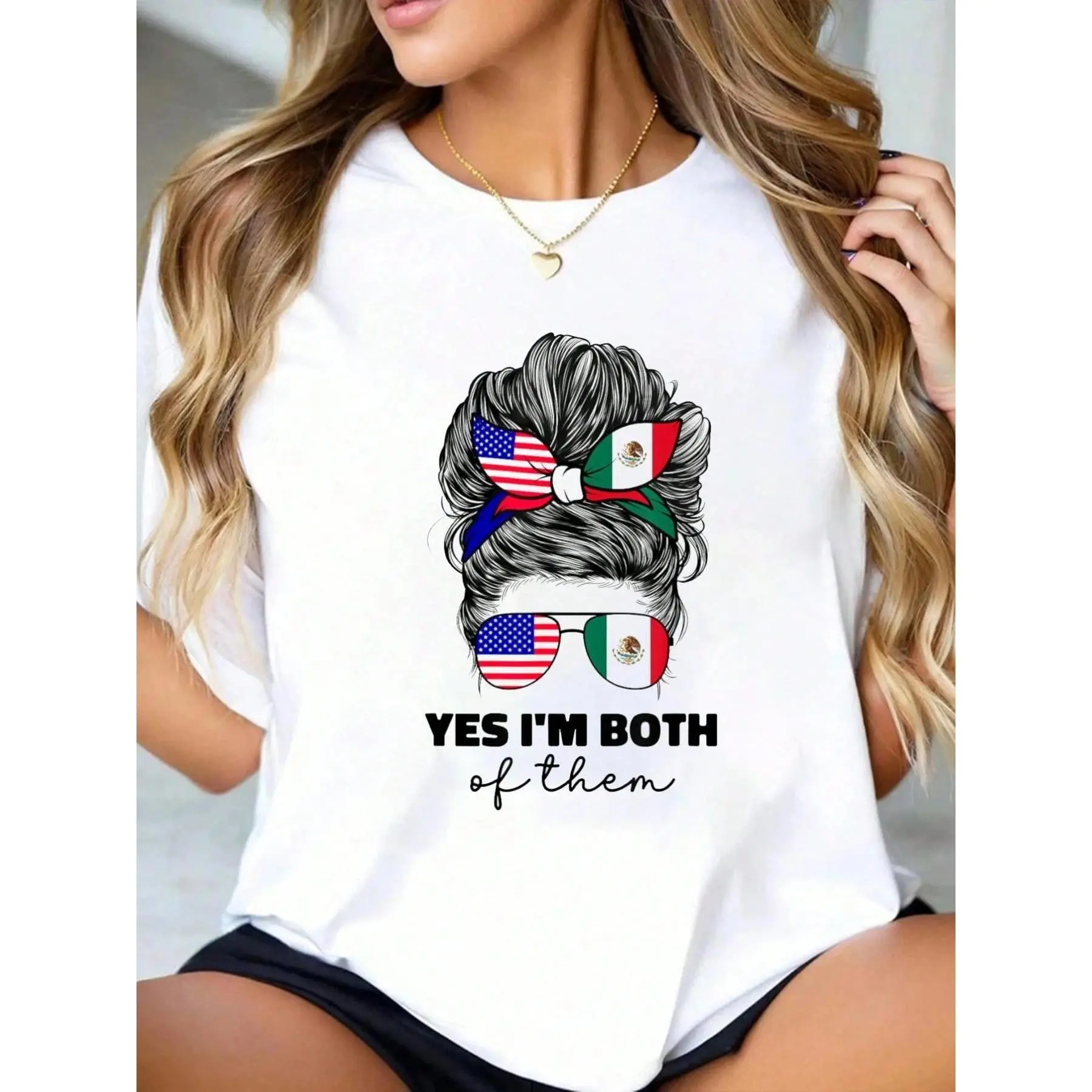 Lady's Casual Loose-Fit Soft Fabric Streetwear T-Shirt, Breathable Short-Sleeve Baggy Top with Bold 'YES I'M BOTH Of Them' Cultural Mix Print