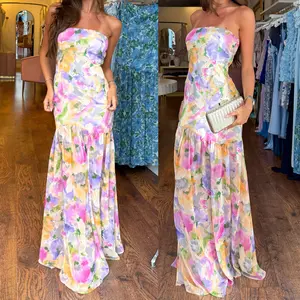 Women Casual Strapless Dress Summer Floral Print Backless A-Line Long Dress for Cocktail Party Beach Streetwear