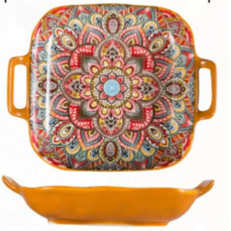 Ceramic Plates with Handles, Vibrant Floral and Geometric Patterns, Oven and Microwave Safe, Multicolor Dinnerware Set, Perfect for Baking