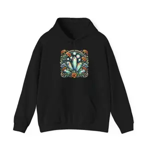 Men's botanical and crystal-themed design for nature lovers Graphic Hoodie - Long Sleeve Pullover Regular Fit | Soft & Breathable Fabric, Durable Print, Everyday Comfort, Machine Washable, nature-inspired, botanical, mystical a fantasy-like natural scene