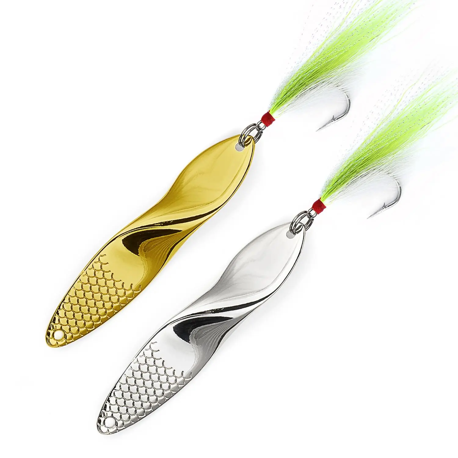 Artificial Fishing Lures Set (2-Piece), Saltwater Bucktail Teasers, 1.4-oz Propeller-Shape Silver & Gold Bass Metal Lures, Artificial Fishing Lure