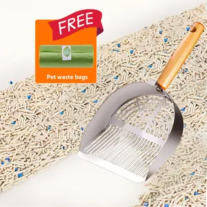 Solid Wood Handle Cat Litter Scoop Silver Long Stainless Steel Litter Scooper with FREE Pet Waste Bags Quick Cleaning Tool for Home Cat Owners