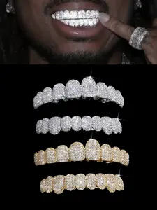 1PC/2PCS/SET 18K Silvery Plated Cubic Zircon Grillz Teeth 10 Teeth Top Bottom Grills Iced Out Mouth Punk Tooth Braces Cosplay Rapper Jewelry Tooth Gems