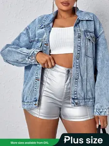 Plus Size Women's Rhinestone Embellished Denim Jacket Coat, Casual Fashion Outerwear for Spring & Fall Seasons