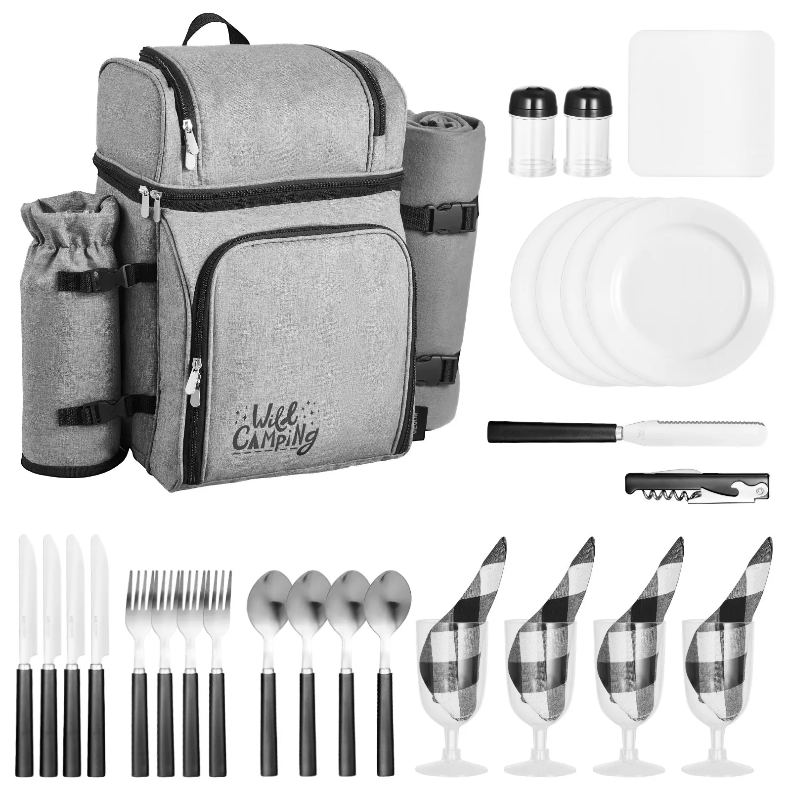 【Summerfinds】VEVOR 25L Oxford Fabric Portable 4-Person Picnic Backpack Tool Kit, Camping Equipment & Picnic Basket with Padded Straps, Outdoor Blanket, Insulated Cooler Compartment, Detachable Wine Holder, Plates, Cutlery, Lightweight Grey for Outdoor Ent