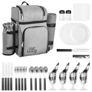 VEVOR Picnic Backpack, Beach Picnic Backpack Bag for 4 Person with Insulated Cooler Compartment, Detachable Bottle/Wine Holder, Lightweight Blanket, Plates and Cutlery Set for Hiking & Camping, Grey