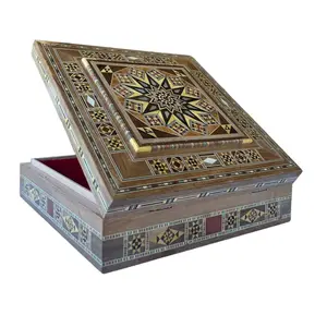 Handmade Vintage Squared Chest Box Made of Wood, Mosaic, and Mother of Pearl -  Multipurpose Use As Jewelry Storage, Watch Box, Great for Gifts