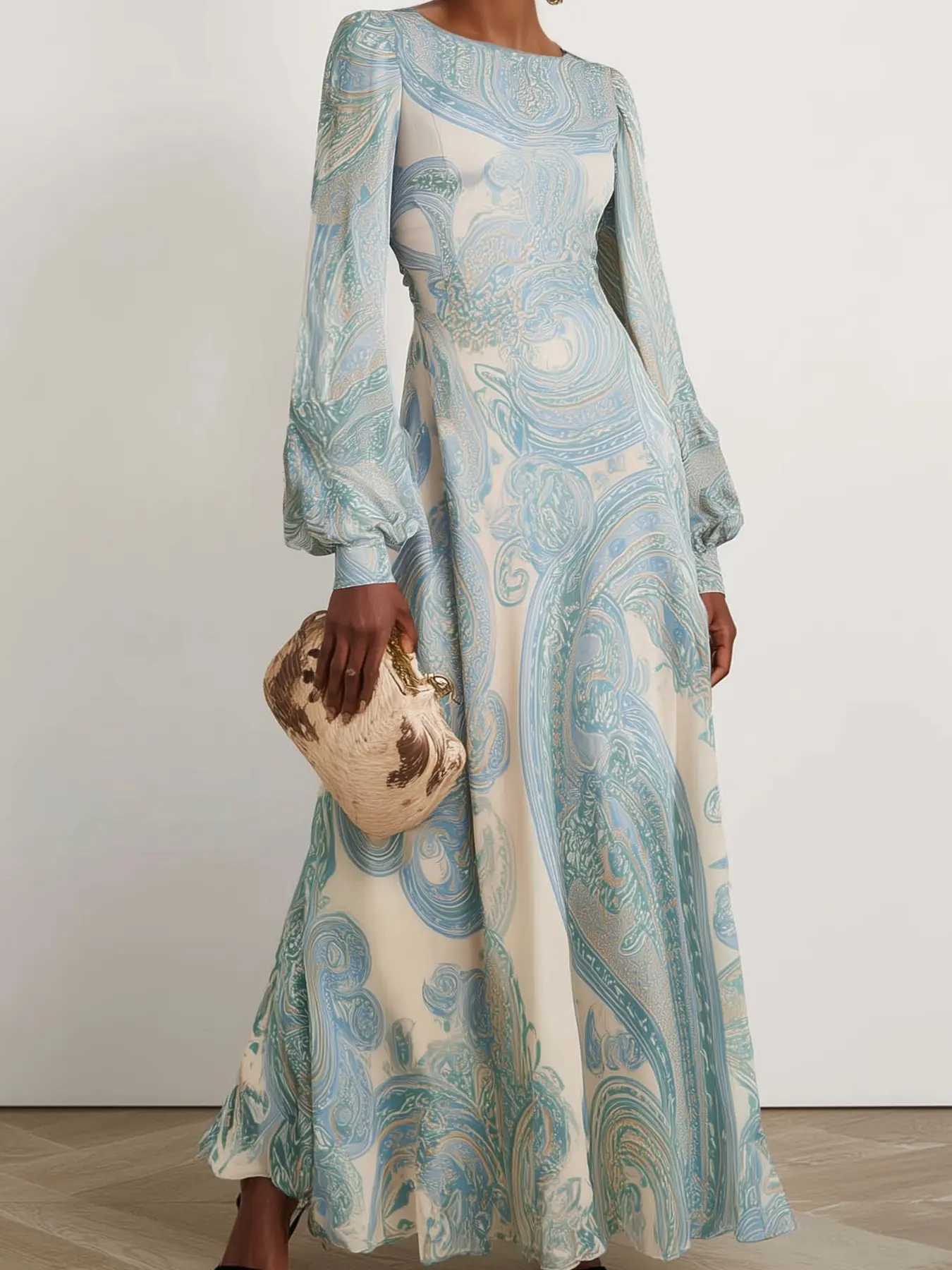 Elegant Vintage Formal Dress, Breathable Light Luxury Spring Summer New Arrival, Base Blue Paisley Swirl Pattern Bubble Long Sleeve, Slimming A-Line Skirt
