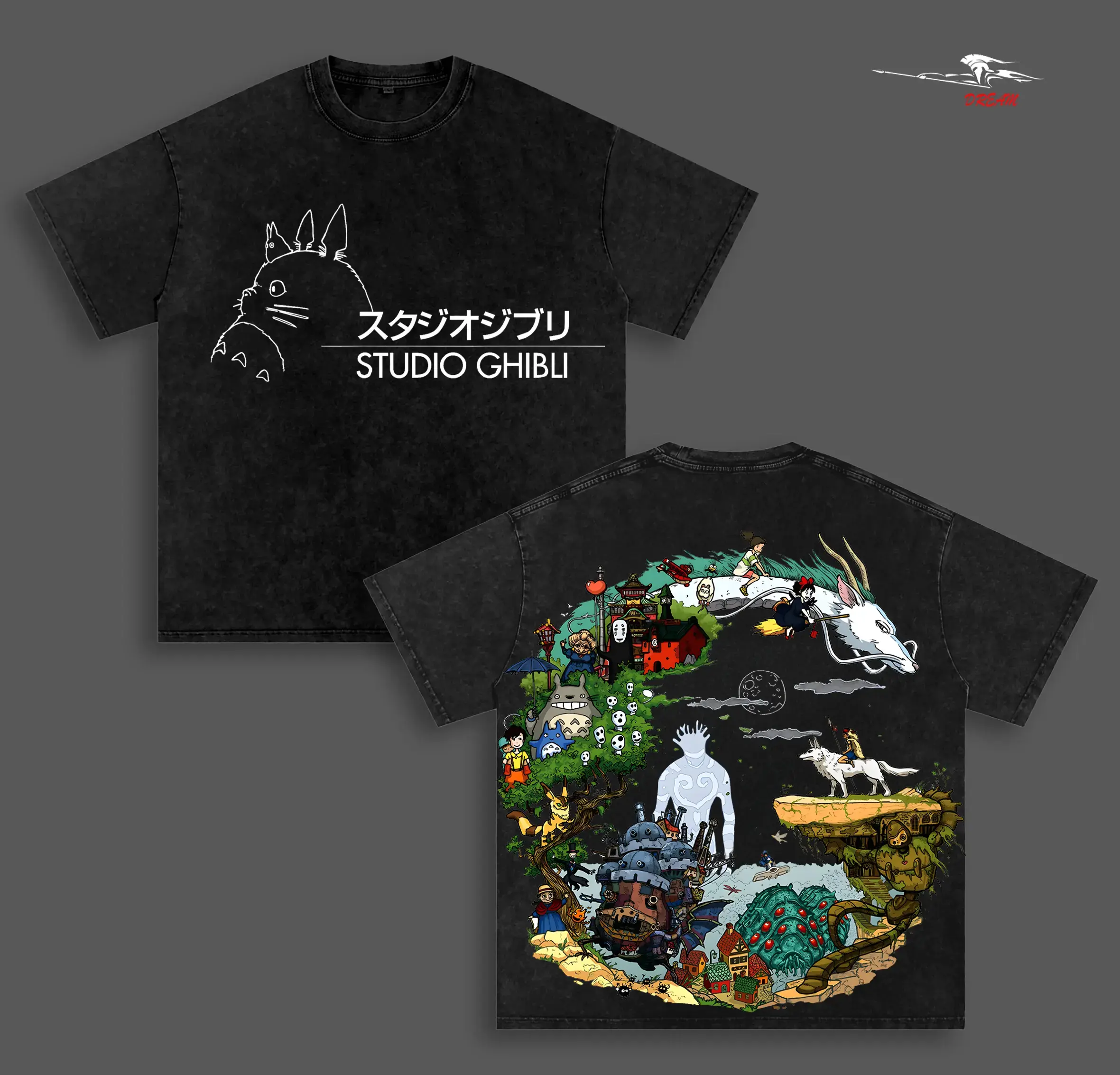 Men's Studio Ghibli Retro Washed Look Graphic Shirt - Oversized, Relaxed, Double-Printed Heavyweight Cotton Manga All-Seasons Streetwear Tee for Women, Aesthetic