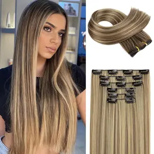 6PC Clip in Hair Extensions 24" Straight Long Extensions for n Synthetic Hairpiece (Brown with Blonde Highlights)
