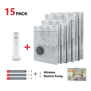 Cordless Travel Vacuum Storage Compression Bag Set 15 Pack -Vacuum Bags for Travel with Rechargeable air Pump，for Luggage and Suitcase, Space Saver for Clothes and Clothing Travel Zipper Pouches