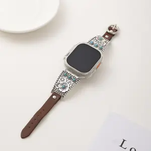 Turquoise Inlay Apple Watch Band SE/1-9 Series 38-49mm Women's Zinc Alloy Leather Lanyard Vintage Elegant Durable Watch Strap
