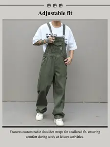 Men's Solid Color Plain Denim Overalls, Street Fashion Casual Adjustable Strap Zipper Overalls for Daily Wear, Men's Overalls for All Seasons, Streetwear, Menswear