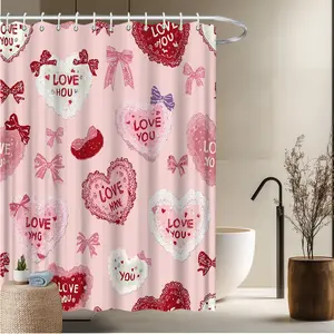 1pcs Sweet Heart Theme Bath Curtain-2D Flat Red And Pink Heart Pattern With Lace And Bow Print Bath Curtain Fun Home Curtains Holiday Decor Bathroom Decor Bathtub Decor 70.8x70.8 inches