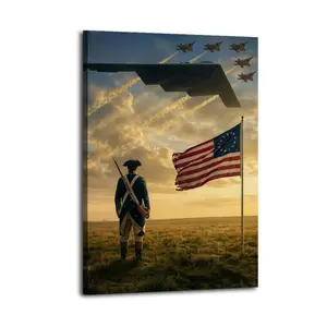 Revolutionary War Soldier And US Flag Wall Art, B2 Spirit Aircraft Artistic Wall Decor, Waterproof Canvas Poster, Cute And Vibrant Poster for Bathroom, Living Room, Bedroom, Dorm, A Perfect Gift Idea for New Year Home Decor