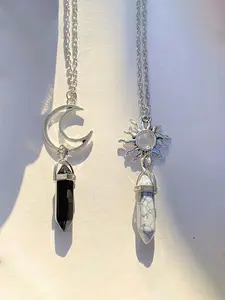 2pcs/Set Vintage Sun And Moon Lovers Necklace Set With Hexagonal Crystal Pendant