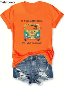 Women's Summer Casual T-Shirt with Peace Letter, Mushroom & Vw Bus Print, Classic Round Neck Comfortable Daily Wear Top