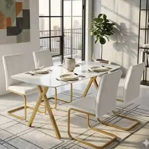 51.2"L x 27.6"W x 29"H Rectangular Dining Table – Tempered Glass Marble-Pattern Top & Metal Legs for Kitchen, Living Room, Restaurant