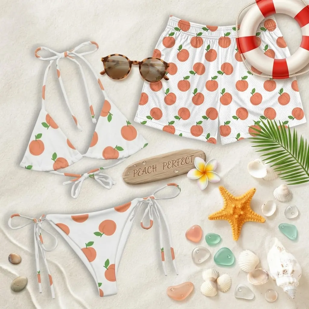 Matching Peach Print Bikini and Swim Shorts Set - Cute Fruit Pattern His and Hers Swimwear - Sweet Summer Vacation Beachwear for Couples