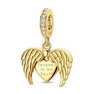 MULA 14K Gold-Plated Angel Wings Heart Pendant for Pandora Bracelet – 925 Sterling Silver Openable Bead, Engraved with "Forever in My Heart," a commemorative jewelry piece for your guardian angel.