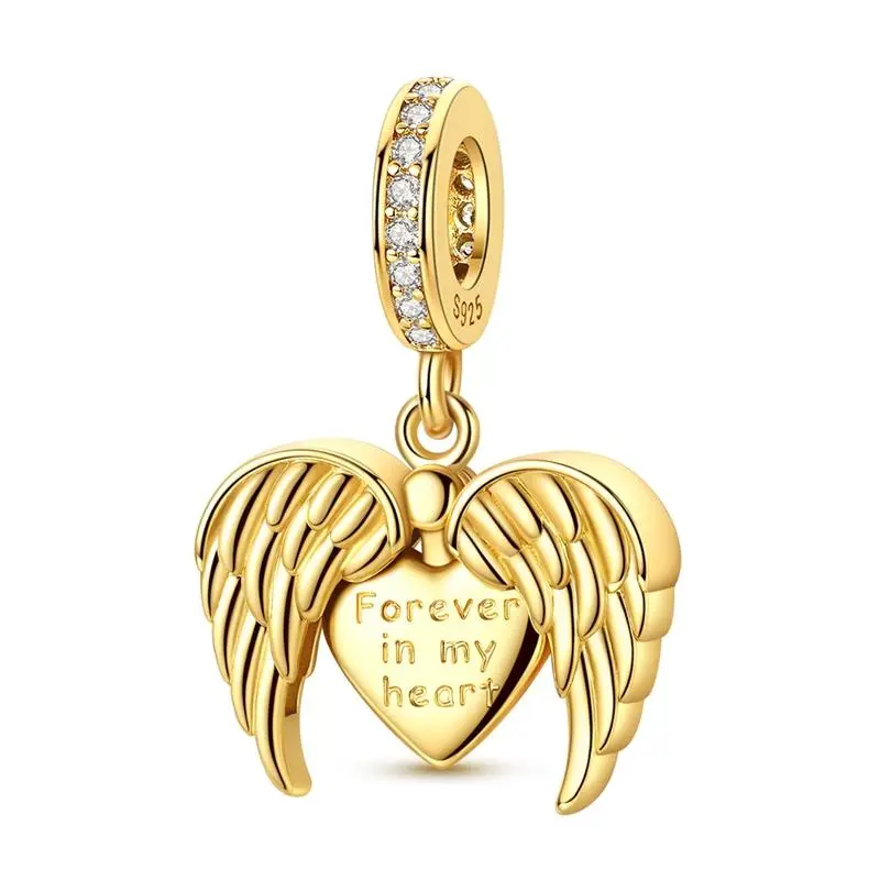 MULA Angel Wings Heart Charm for Women, 14K Gold Plated 925 Silver, CZ Pave Dangle Bead, Engraved "Forever in My Heart", Guardian Angel Memorial Jewelry, Fits Pandora Bracelet, Sympathy Gifts for Her