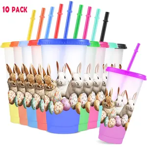 10pcs/24oz/710ml/Plastic Tumblers,Color Changing Cups With Lids And Straws,Water Bottle,Iced Coffee Cups, Easter-themed Design, Perfect For Family And Friend Gatherings,Ideal choice for birthday celebration,Valentine's Day Gifts,Easter gifts