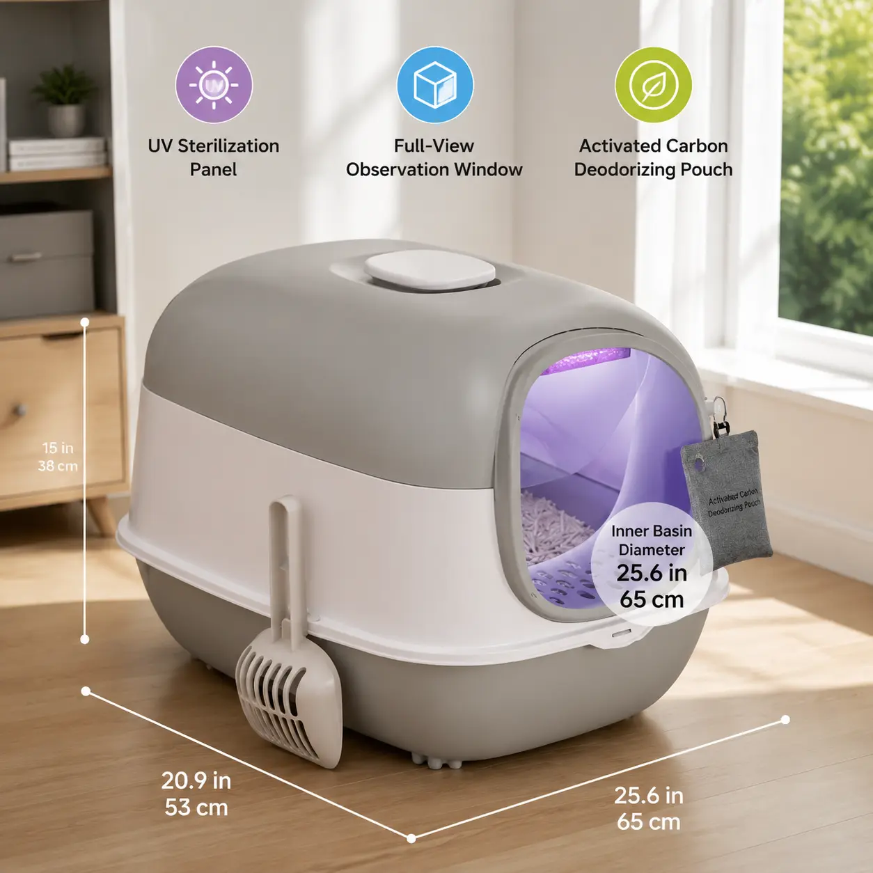 Gray-and-White Color-Block Fully Enclosed Cat Litter Box, 65cm Extended Large Size, UV Sterilization, Panoramic View Window, Activated Carbon Odor Control, Side-Hanging Litter Scoop, Household Cat Toilet